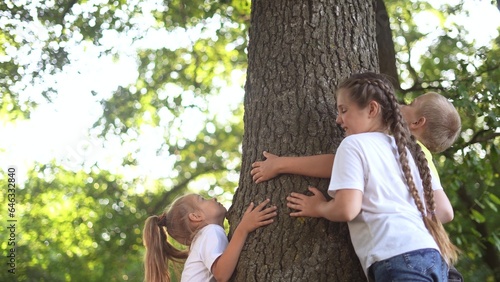 children hugging a tree in the forest. happy family childhood lifestyle dream concept. children spend time together outdoors and hug the trunk of a tree. environmental protection love for nature © maxximmm