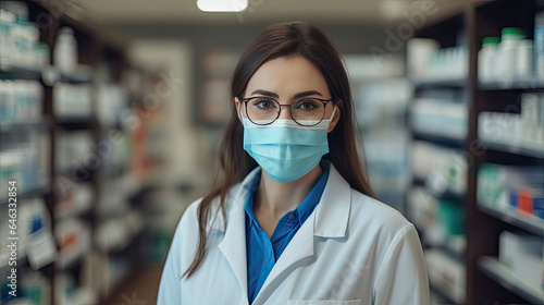 Portrait of a female pharmacist with protective mask on her face working at pharmacy. Medical healthcare concept. Generative Ai