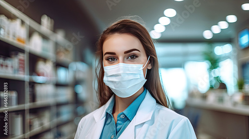 Portrait of a female pharmacist with protective mask on her face working at pharmacy. Medical healthcare concept. Generative Ai