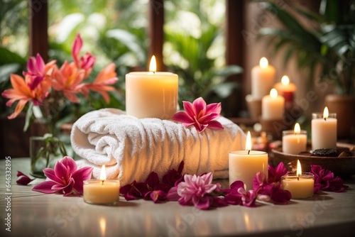 Spa composition with sea salt  candles and towels on light background