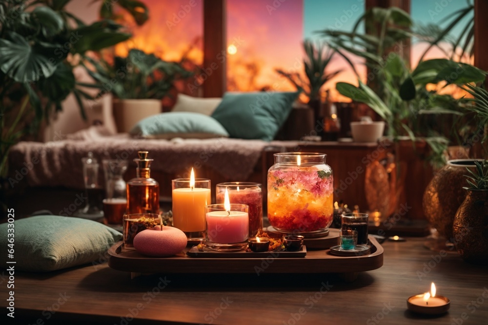 Spa still life with burning candles and pink flowers on wooden background