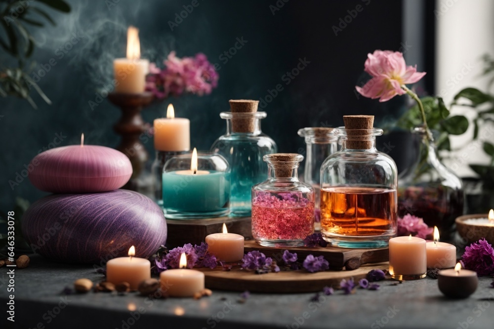 Spa still life with burning candles and pink flowers on wooden background