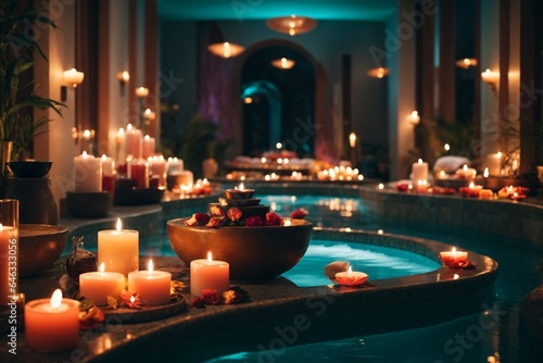 Spa still life with burning candles and pink flowers on wooden background