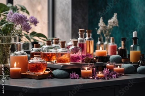 Spa still life with burning candles and pink flowers on wooden background