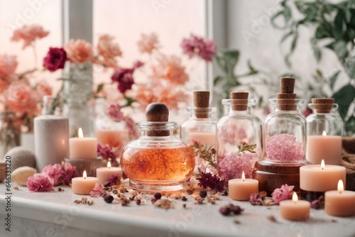 Spa still life with flowers, candles and towels on wooden table 