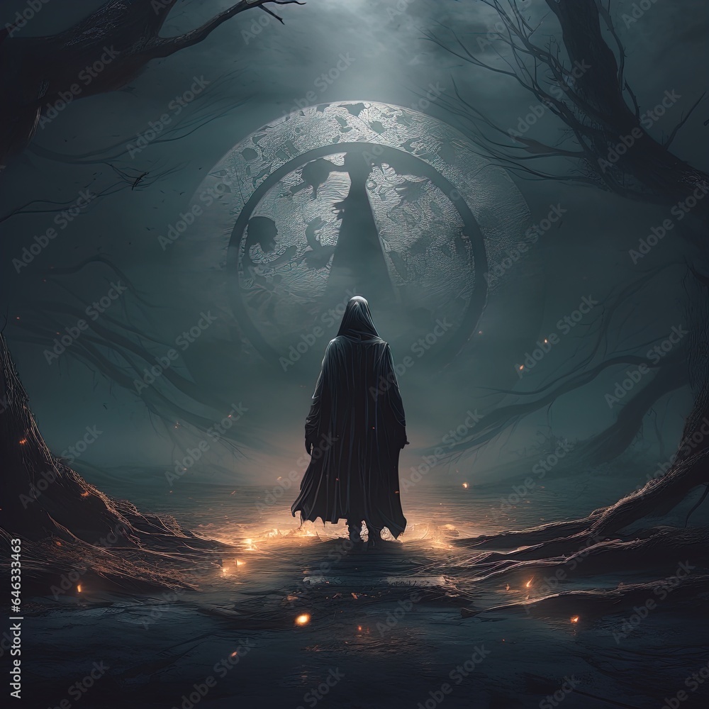 Hooded fantasy grim reaper. Great for fantasy, dark fantasy, space, magic, sorcery and more.  - obrazy, fototapety, plakaty 