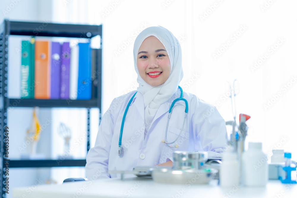 Medical Hospital Portrait: Confident female doctor sitting at office desk and smiling at the camera, health care and prevention concept Medical Hospital Portrait: Confident female doctor sitting at office desk and smiling at the camera, health care and prevention concept