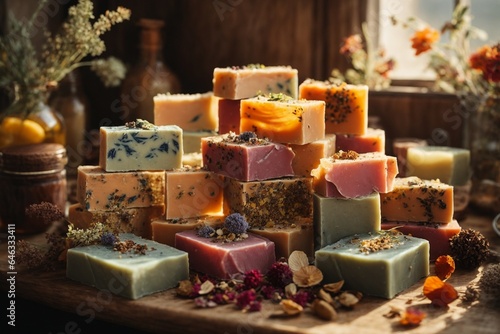 Natural handmade soap bars with aromatic herbs and dried flowers on wooden background