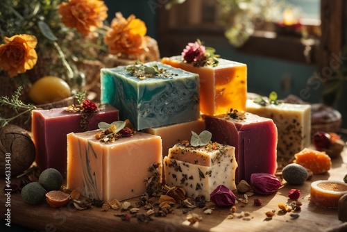 Natural handmade soap bars with aromatic herbs and dried flowers on wooden background
