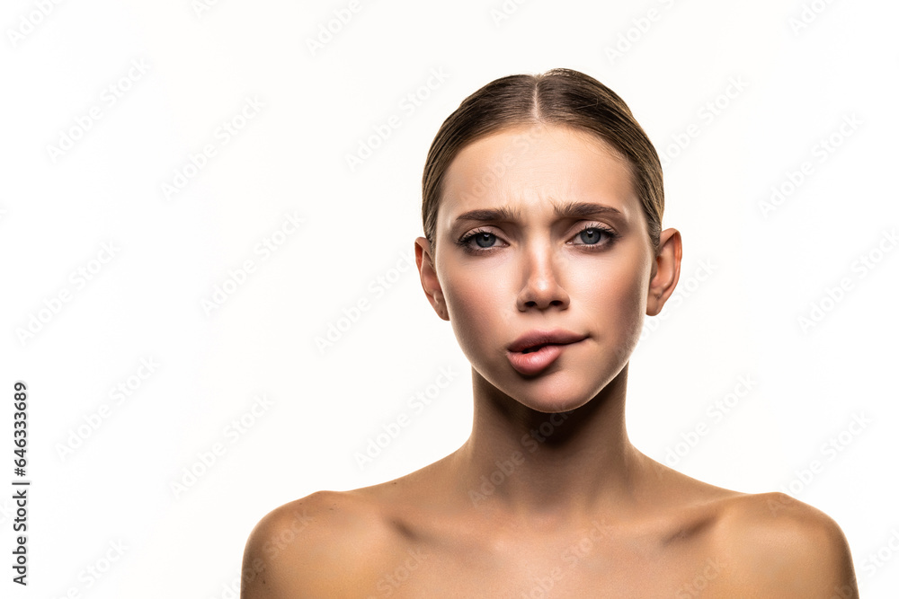Disappointed funny cute girl woman face cosmetits, heath care isolated on white background. - obrazy, fototapety, plakaty 