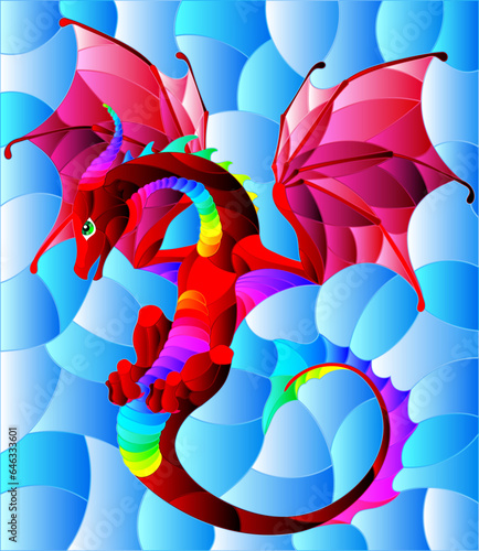 A stained glass illustration with a dragon, the symbol of the year according to the calendar, on a blue sky background