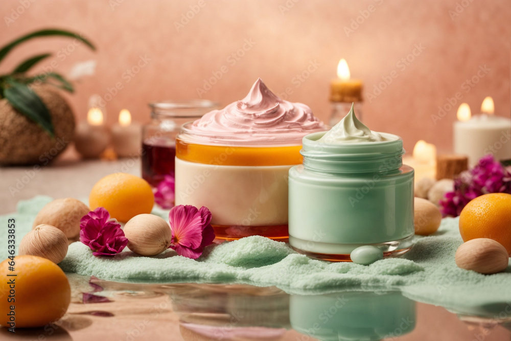 Cosmetic cream with fresh oranges and flowers on a turquoise background
