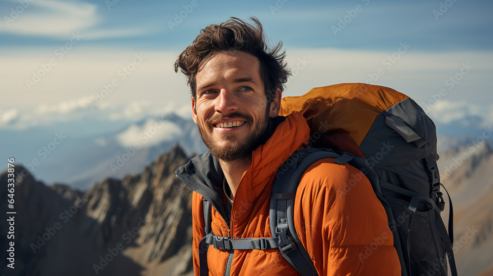 A Male Hiker on a Mountain Peak, Revelling in the Splendour of Nature's Beauty