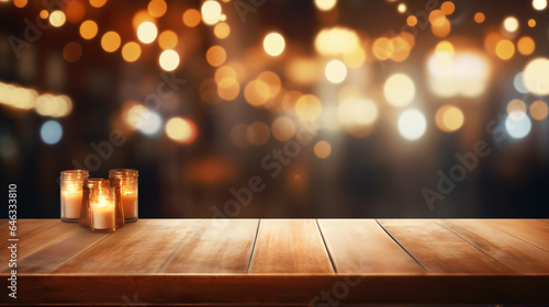 Image of wooden table in front of abstract blurred background
