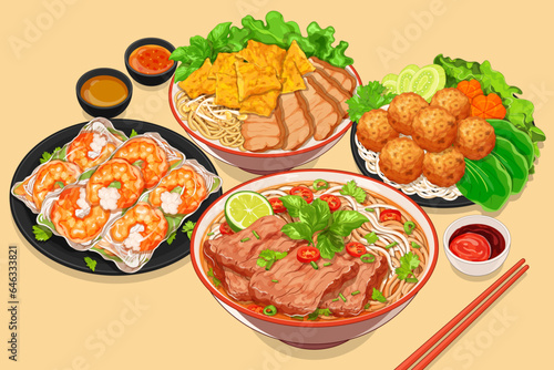 Vietnamese food menu banner vector. Pho vietnamese noodle. Fresh spring rolls with shrimp (Gỏi Cuốn). Vietnam meatball (Bún Chả). Vietnam noodles rice crackers (Cao lầu). Vietnamese food illustration.