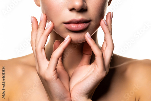 Beautiful young woman with perfect makeup on white background. Beauty and skin care concept