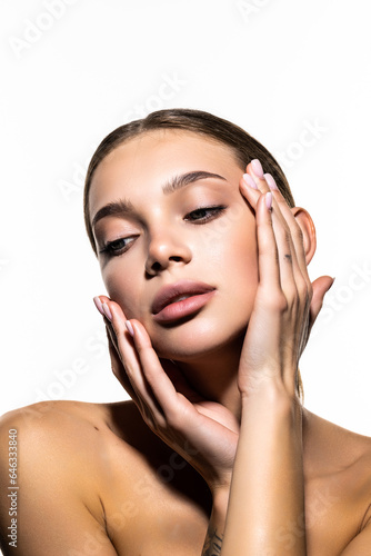 Beauty woman healthy skin natural make up on white background