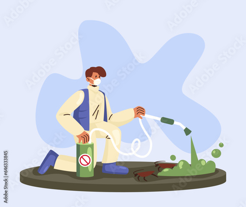 Male in protective uniform disinfects premises, treats surfaces with anti-cockroach agent. Room disinfection against parasites. Vector illustration in cartoon style and blue and yellow colors