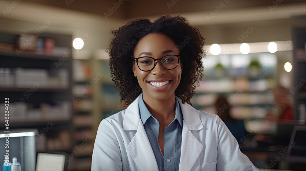 Portrait of smiling african doctor woman working in drugstore with digital tablet. Generative Ai Portrait of smiling african doctor woman working in drugstore with digital tablet. Generative Ai