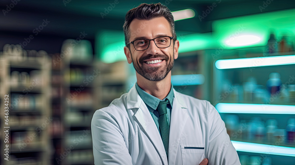 Fototapeta premium Smiling portrait of a handsome pharmacist in a pharmacy store. Generative Ai