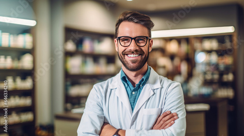 Smiling portrait of a handsome pharmacist in a pharmacy store. Generative Ai