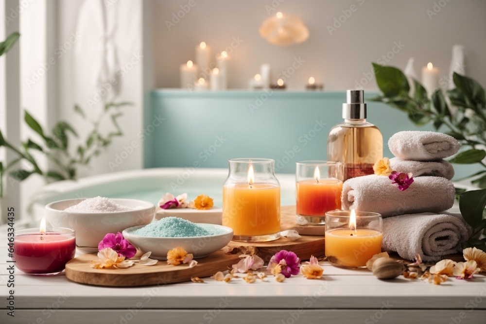 Spa still life with flowers, candles and towels on wooden table
Spa still life with flowers, candles and towels on wooden table
