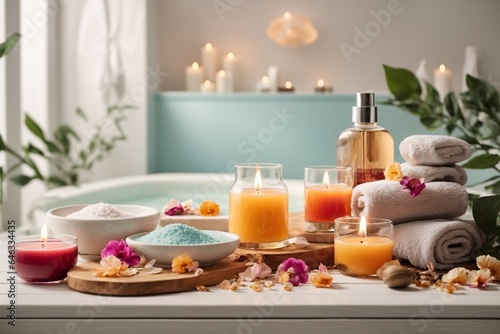 Spa still life with flowers, candles and towels on wooden table 