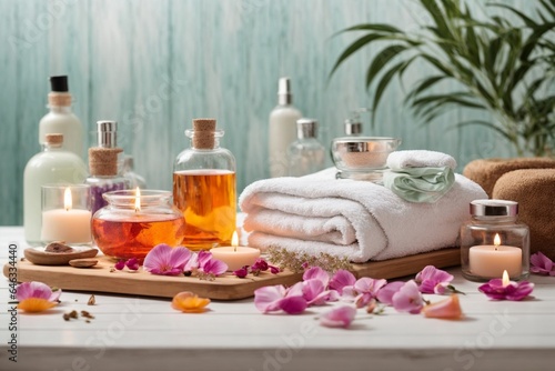 Spa still life with flowers, candles and towels on wooden table  © Viewvie