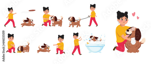 Set of illustrations with a girl and dog.  Friendship between people and animals © Marina