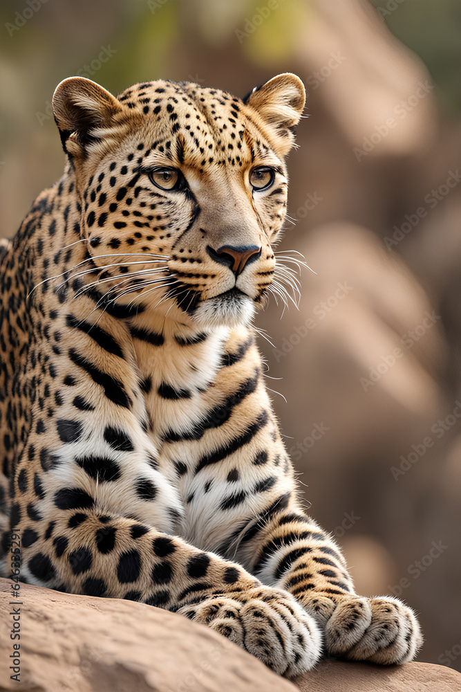 Obraz premium a leopard taking rest on the rock. Generated by AI tools.