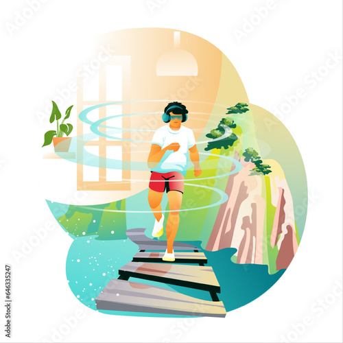 Young sporting male in VR glasses running above sea. Training in VR glasses. People in virtual reality concept. Flat vector illustration in cartoon style in blue and green colors