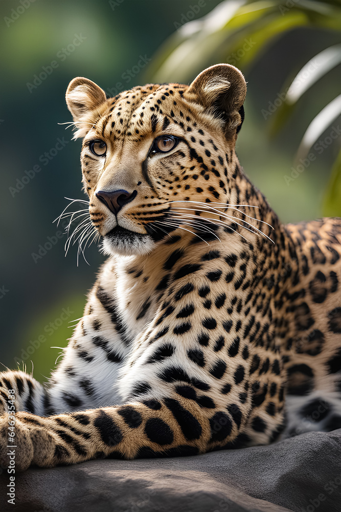 Fototapeta premium a leopard taking rest on the rock. Generated by AI tools.