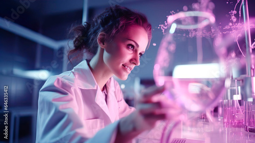 Beautiful female scientist chemist in medical coat with reagents reactions substance, flasks and smoke. Research scientist pours the liquid into a beaker and looks at the chemical and biological