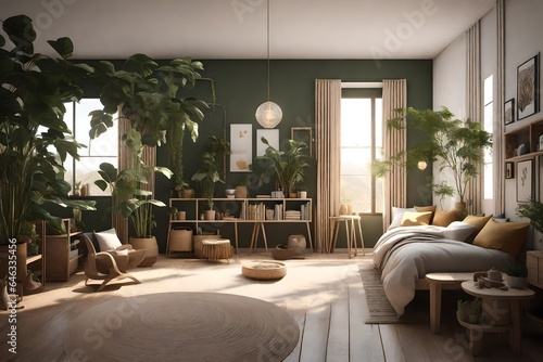 3D scene of a simple kids' room with a nature-inspired theme. Feature earthy tones, potted plants, and nature-themed decor to create a soothing and nature-inspired atmosphere © Areesha