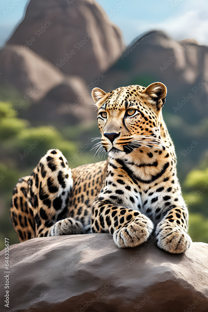 Naklejka premium a leopard taking rest on the rock. Generated by AI tools.
