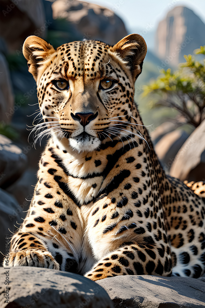 Obraz premium a leopard taking rest on the rock. Generated by AI tools.