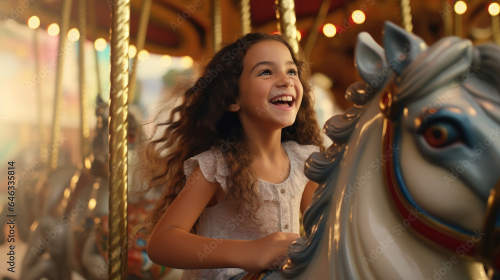 Summer Delight: Girls Embracing Playful Happiness at the Amusement Park Carousel.