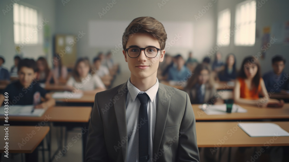 Fototapeta premium Captivating Classroom Portraits: Brown-Haired Student's Confident Intelligence Shines Through in Educational Setting Photography.