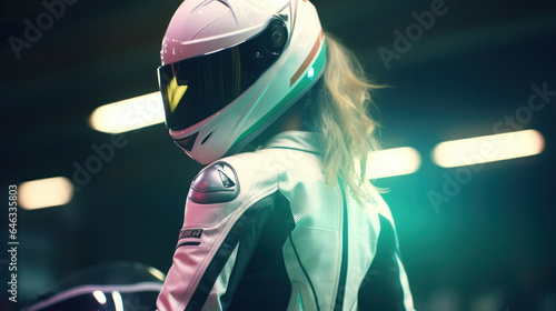 Speed and Style: Female Motorsport Racer in Racing Dress. photo