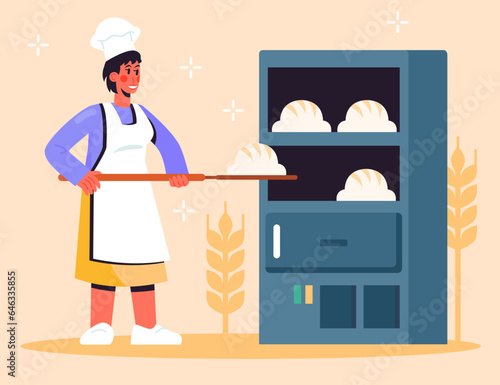Female in uniform standing near oven and putting bread for baking in oven. Modern manufacture with equipment. Bread baking process at home concept. Vector Illustration in cartoon style