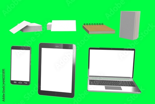 3D Illustration: Set of Office Items - green screen background