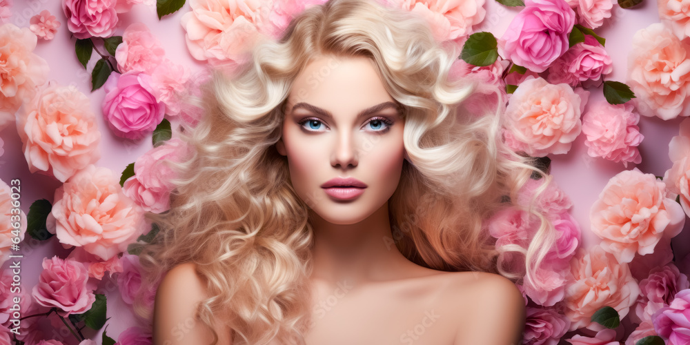 Beauty blonde woman long wavy hair, healthy skin, natural makeup, blue eyes on flowers background