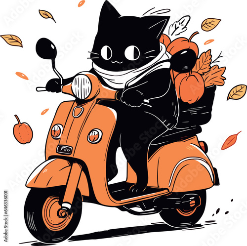 black cat on a moped carries a pumpkin, Halloween cat