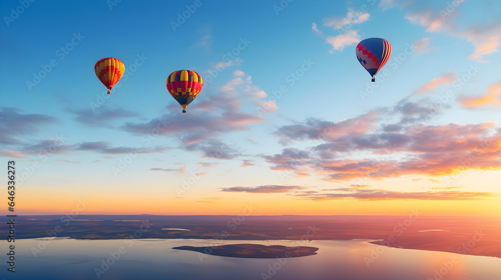 Fototapeta premium Captivating Aerial View of Colorful Hot Air Balloons Floating Against Sunset Sky.