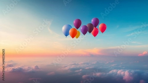 Captivating Aerial View of Colorful Balloons Floating Against Sunset Sky.