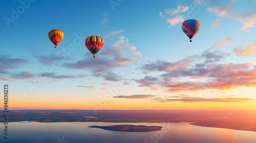 Captivating Aerial View of Colorful Hot Air Balloons Floating Against Sunset Sky.