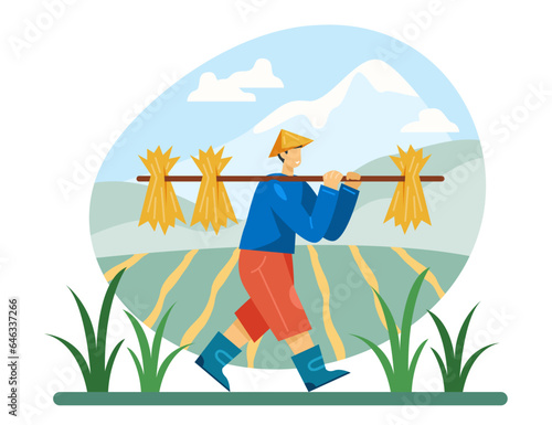 Worker carries collected bunches of plants on his back. Rice cultivation in Asia concept. Flat vector illustration in cartoon style in blue and green colors