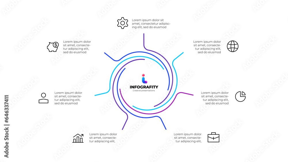 Outline abstract element for infographic. Template for cycle diagram with 7 options, parts, steps or processes Outline abstract element for infographic. Template for cycle diagram with 7 options, parts, steps or processes