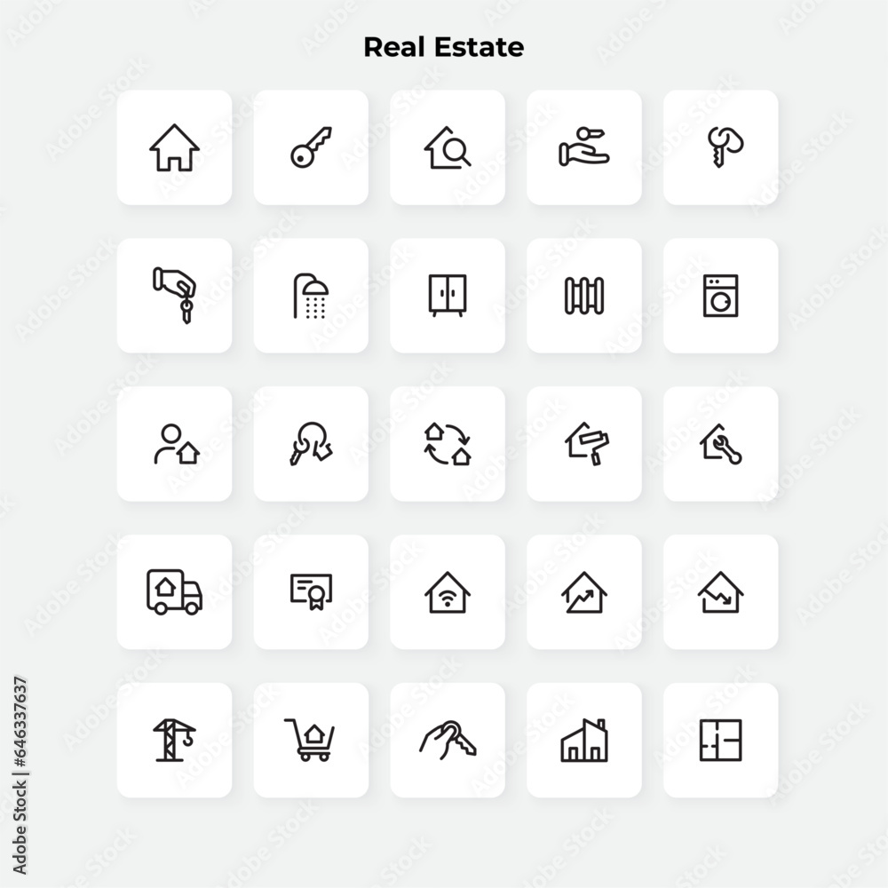 Real estate line icons set. House, key, shower, bath, furniture and other elements Real estate line icons set. House, key, shower, bath, furniture and other elements