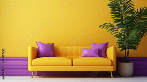 a yellow colored couch in a yellow living room and plants,purple pillows,mock up © JuLady_studio